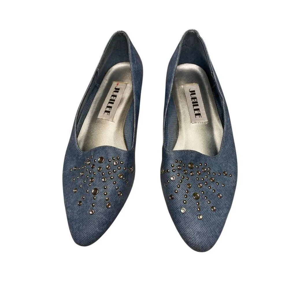 Vintage Jubilee Womens 7M Blue Denim Stud Embellished Peach Ballet Shoes Western
